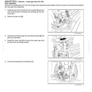 May include: Diagram of a steering column installation, showing the steps to install a lower gas strut. Includes numbered illustrations of the gas strut rod, coupler, jam nut, pin, mounting bracket, and snap ring. Text instructions are also provided.