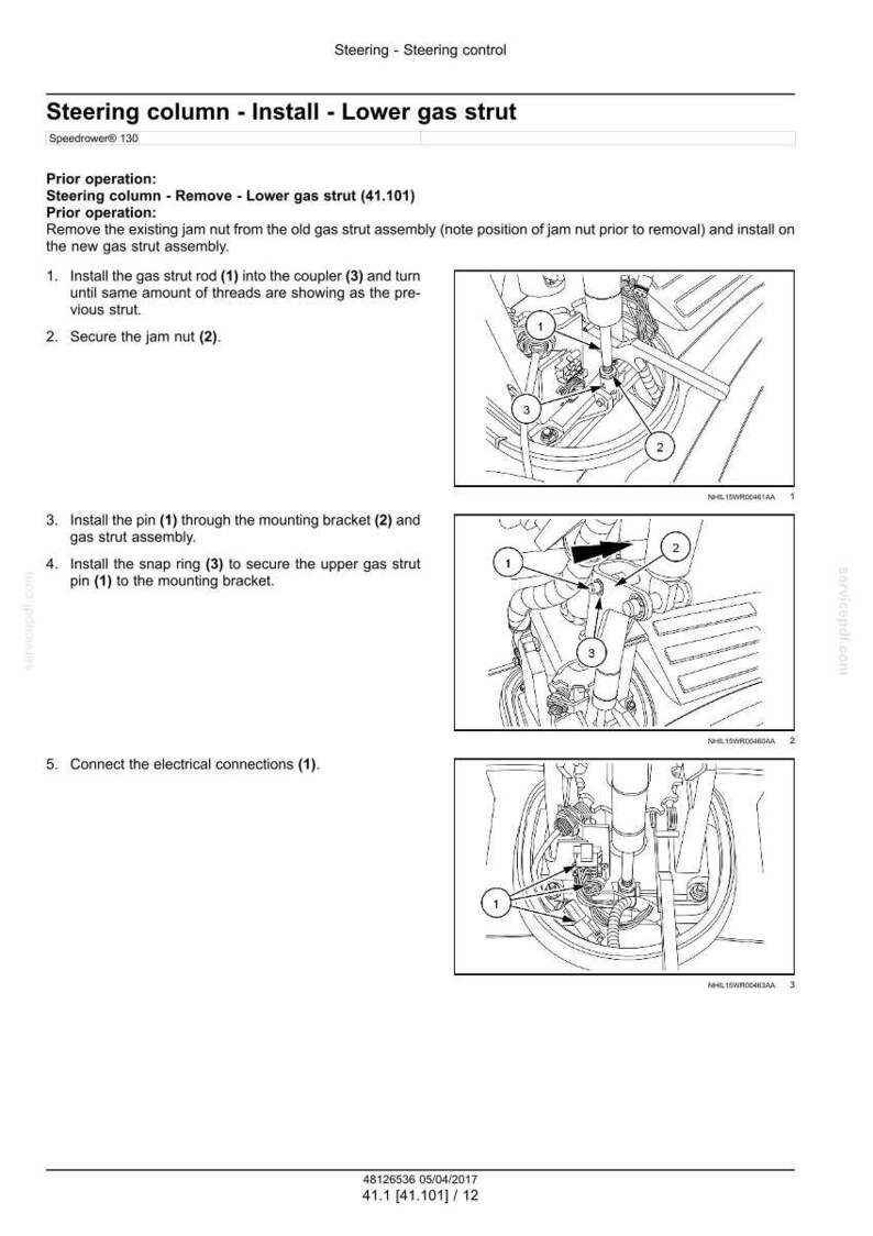 May include: Diagram of a steering column installation, showing the steps to install a lower gas strut. Includes numbered illustrations of the gas strut rod, coupler, jam nut, pin, mounting bracket, and snap ring. Text instructions are also provided.