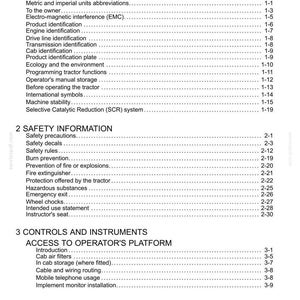 Op de afbeelding: Een zwart-wit inhoudsopgave voor een tractorhandleiding. De tekst bevat secties zoals General Information, Safety Information en Controls and Instruments, met de bijbehorende paginanummers aan de rechterkant van het document.