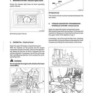 May include: A technical manual page titled DC180 Power Steering, featuring black and white line drawings of a vehicle dashboard, an oil dipstick with MIN and MAX markings, an engine compartment layout with labels A, B, and C, and a tractor diagram.