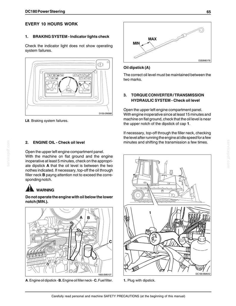 May include: A technical manual page titled DC180 Power Steering, featuring black and white line drawings of a vehicle dashboard, an oil dipstick with MIN and MAX markings, an engine compartment layout with labels A, B, and C, and a tractor diagram.