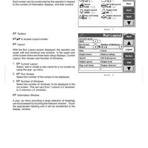以下が含まれることがあります： 3-CONTROLS/INSTRUMENTSと題された技術マニュアルのページで、Run ScreensとRun Layoutのインターフェースが表示されています。この文書には、エンジン稼働時間、速度、エンジン負荷、エアブレーキ圧力などのデジタルダッシュボードの読み取り値が記載されています。