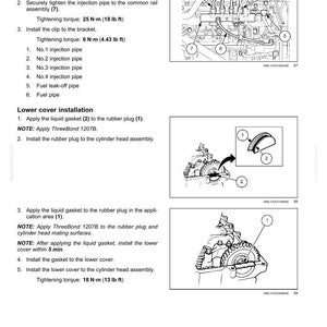 May include: Diagram of an engine's crankshaft and flywheel, with detailed instructions for injection pipe and lower cover installation. Includes tightening torque specifications in foot-pounds and diagrams of engine components.