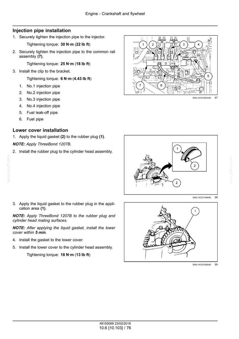 May include: Diagram of an engine's crankshaft and flywheel, with detailed instructions for injection pipe and lower cover installation. Includes tightening torque specifications in foot-pounds and diagrams of engine components.
