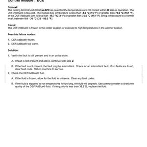 May include: Diagnostic document detailing fault code E0925-02, related to Diesel Exhaust Fluid (DEF) or AdBlue temperature issues. Includes context, causes, and solutions for troubleshooting. Temperatures are listed in Fahrenheit and Celsius.