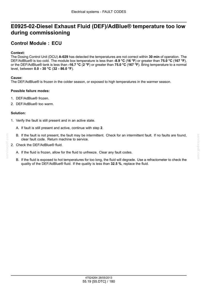 May include: Diagnostic document detailing fault code E0925-02, related to Diesel Exhaust Fluid (DEF) or AdBlue temperature issues. Includes context, causes, and solutions for troubleshooting. Temperatures are listed in Fahrenheit and Celsius.