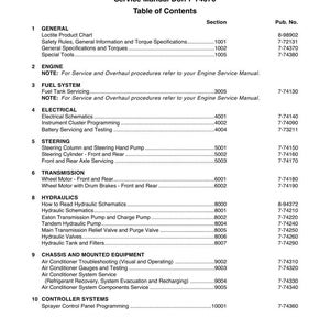 May include: A service manual for the 2500 and 3000SP Sprayer, with a table of contents. The manual includes sections on general information, engine, fuel system, electrical, steering, transmission, hydraulics, chassis, and controller systems. Published by Case United Kingdom Limited.