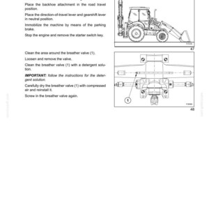 May include: A page from a supplies and maintenance chart. The text describes the cleaning of a front axle breather valve. Includes an illustration of a backhoe and a diagram of the valve.