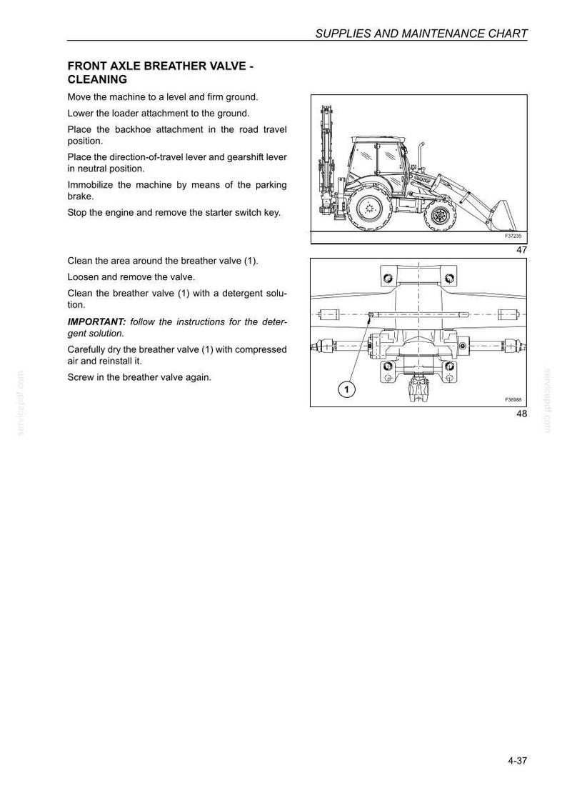 May include: A page from a supplies and maintenance chart. The text describes the cleaning of a front axle breather valve. Includes an illustration of a backhoe and a diagram of the valve.