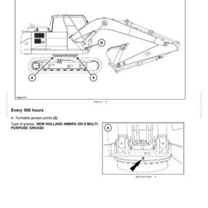 K&ouml;nnte beinhalten: Eine technische Strichzeichnung aus einem Wartungshandbuch, die einen Bagger zeigt. Das Diagramm hebt die mit A und B gekennzeichneten Schmierstellen des Drehkranzes hervor. Der Text umfasst 6-MAINTENANCE, Every 500 hours, A. Turntable grease points (2) und NEW HOLLAND AMBRA GR-9 MULTI-PURPOSE GREASE.