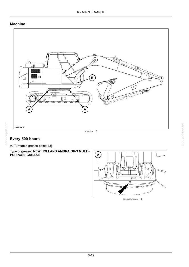 K&ouml;nnte beinhalten: Eine technische Strichzeichnung aus einem Wartungshandbuch, die einen Bagger zeigt. Das Diagramm hebt die mit A und B gekennzeichneten Schmierstellen des Drehkranzes hervor. Der Text umfasst 6-MAINTENANCE, Every 500 hours, A. Turntable grease points (2) und NEW HOLLAND AMBRA GR-9 MULTI-PURPOSE GREASE.