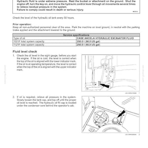 May include: A page from a maintenance manual detailing hydraulic oil level checks. The page includes a warning about pressurized fluid, instructions, and diagrams showing the sight gauge and fill cap location.