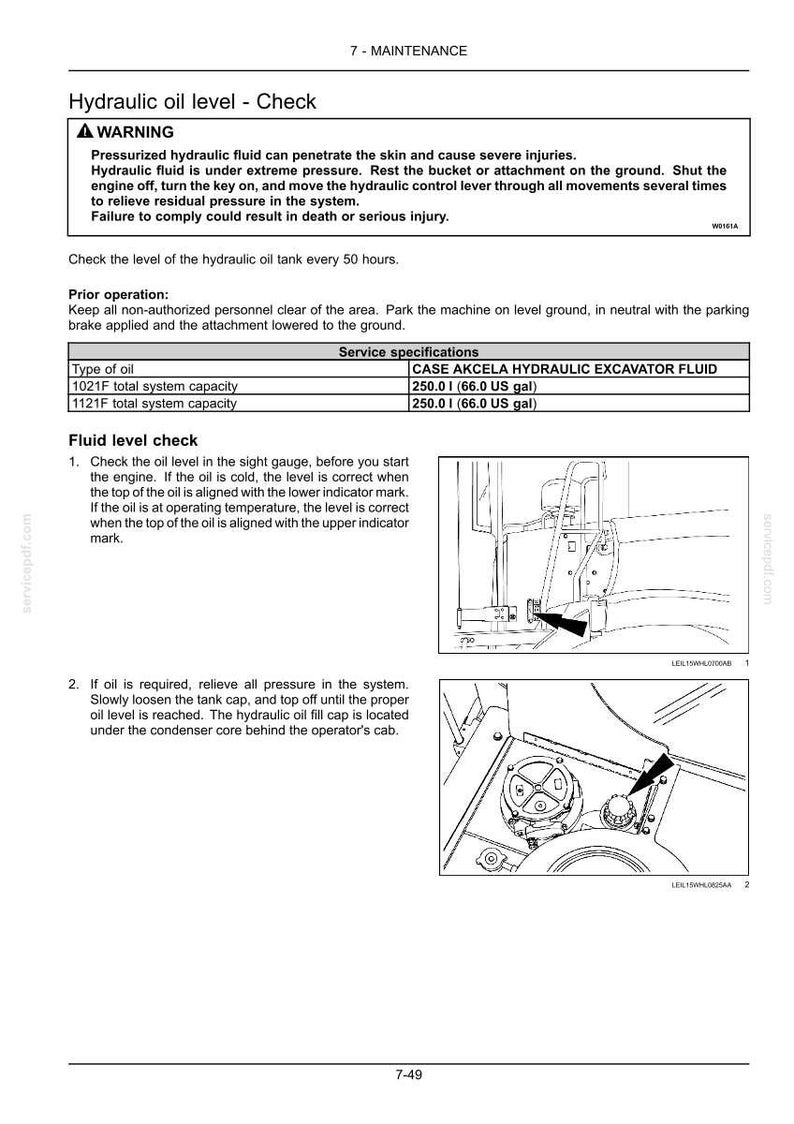 May include: A page from a maintenance manual detailing hydraulic oil level checks. The page includes a warning about pressurized fluid, instructions, and diagrams showing the sight gauge and fill cap location.