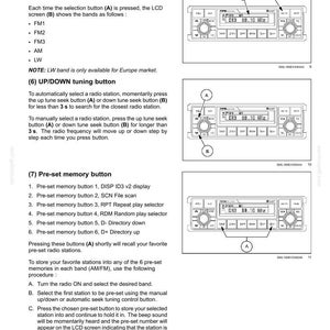May include: A technical manual page titled 3-CONTROLS AND INSTRUMENTS detailing car radio operations. It features three diagrams of a radio faceplate with buttons labeled A and B, explaining AM/FM selection, tuning, and pre-set memory button functions.