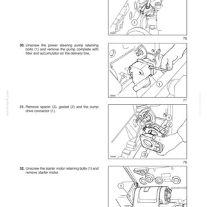 May include: Diagram from a manual showing engine component disassembly steps. Includes illustrations of removing nuts, bolts, and connectors from various parts, such as fuel and power steering pumps. Text instructions accompany each step.