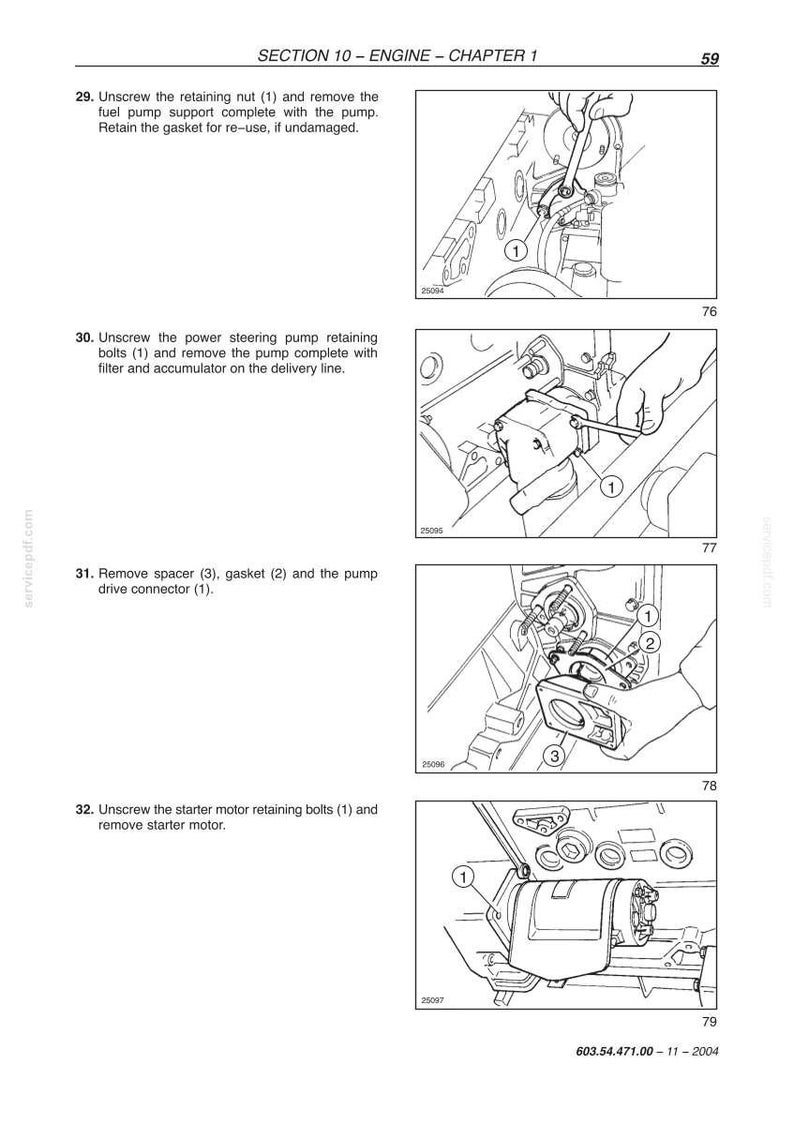 May include: Diagram from a manual showing engine component disassembly steps. Includes illustrations of removing nuts, bolts, and connectors from various parts, such as fuel and power steering pumps. Text instructions accompany each step.