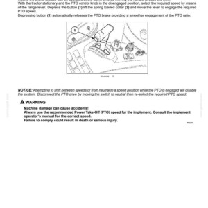 May include: A technical manual page titled TRANSMISSION, DRIVE AND PTO OUT - REAR PTO Hydraulic. It features a line drawing of a tractor PTO speed control lever with numbered callouts 1 and 2, alongside instructional text and safety warnings.