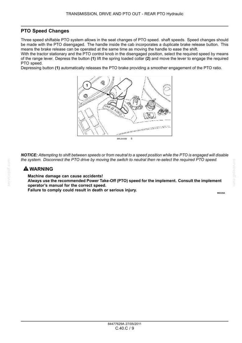 May include: A technical manual page titled TRANSMISSION, DRIVE AND PTO OUT - REAR PTO Hydraulic. It features a line drawing of a tractor PTO speed control lever with numbered callouts 1 and 2, alongside instructional text and safety warnings.