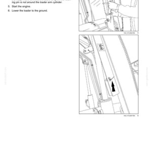 May include: Diagram from a maintenance manual showing steps to remove a retaining pin, raise a support strut, and start an engine. The image includes text instructions and detailed illustrations of the process.