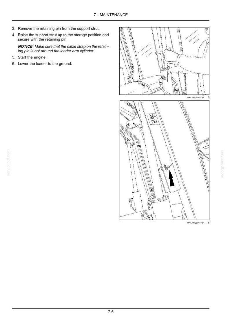 May include: Diagram from a maintenance manual showing steps to remove a retaining pin, raise a support strut, and start an engine. The image includes text instructions and detailed illustrations of the process.