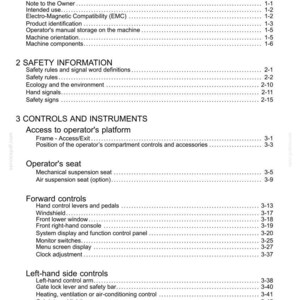 May include: A white page with the title "Contents" at the top. The page is a table of contents for a manual, with numbered sections and sub-sections, including "General Information," "Safety Information," and "Controls and Instruments."