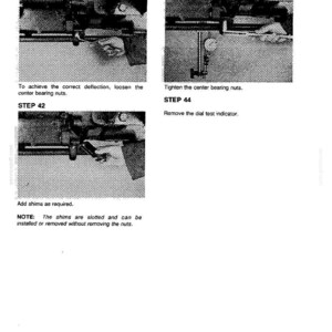 May include: A technical diagram with instructions for mechanical adjustments. The image includes close-up views of machinery with text labels indicating steps such as loosening nuts, tightening nuts, and adding shims. The text also includes the note that shims are slotted.