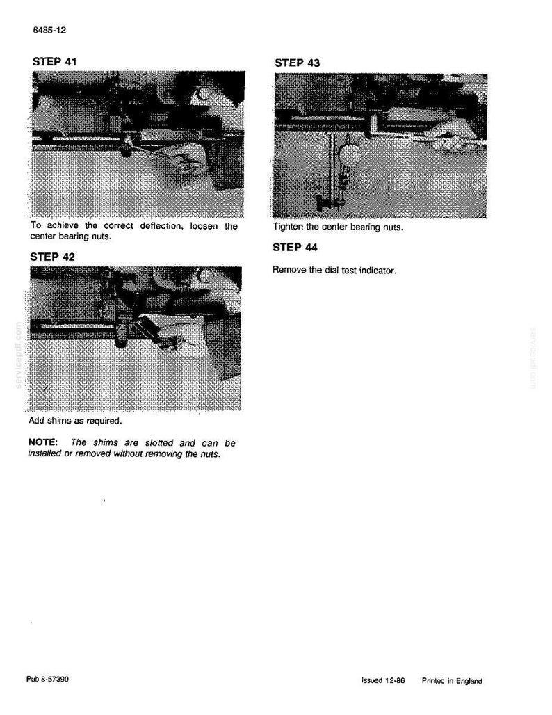 May include: A technical diagram with instructions for mechanical adjustments. The image includes close-up views of machinery with text labels indicating steps such as loosening nuts, tightening nuts, and adding shims. The text also includes the note that shims are slotted.