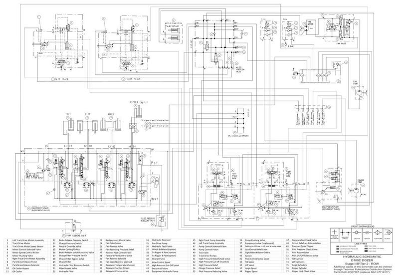 May include: A detailed engineering schematic of a hydraulic system for a D180C Dozer, featuring numerous interconnected components, lines, and labels. The diagram is in black and white, with text and symbols.