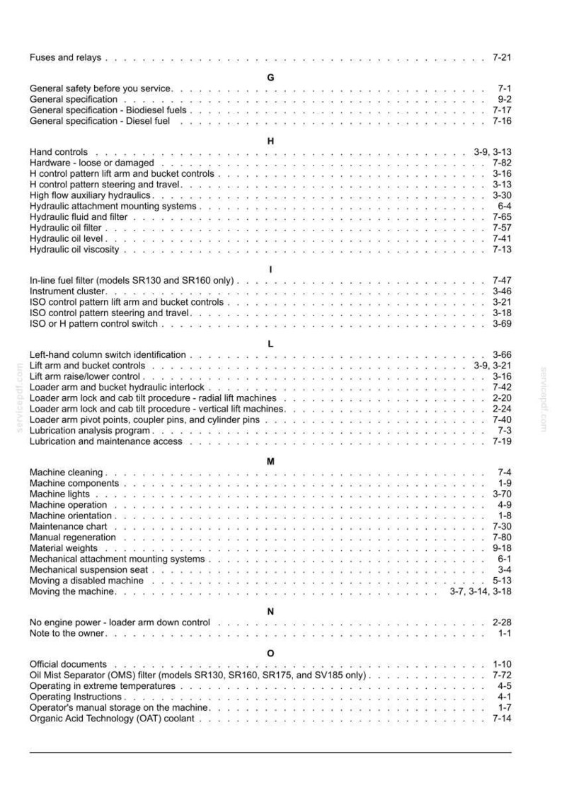 May include: A detailed table of contents from a manual, listing various topics such as hydraulic systems, machine operation, and maintenance procedures. The text is in black on a white background.