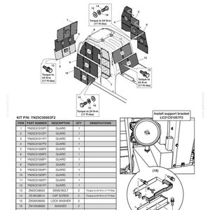 May include: A technical diagram illustrating the installation of vandalism guards on a vehicle cab. The image includes an exploded view of guard panels, bolts, washers, and a support bracket, alongside a parts list table with part numbers and torque specifications of 24 N-m (17 Ft-lbs).