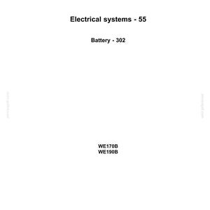 Op de afbeelding: Een witte pagina met het "NEW HOLLAND CONSTRUCTION" logo bovenaan. De tekst luidt "Electrical systems - 55" en "Battery - 302". De modelnummers "WE170B" en "WE190B" zijn ook zichtbaar.
