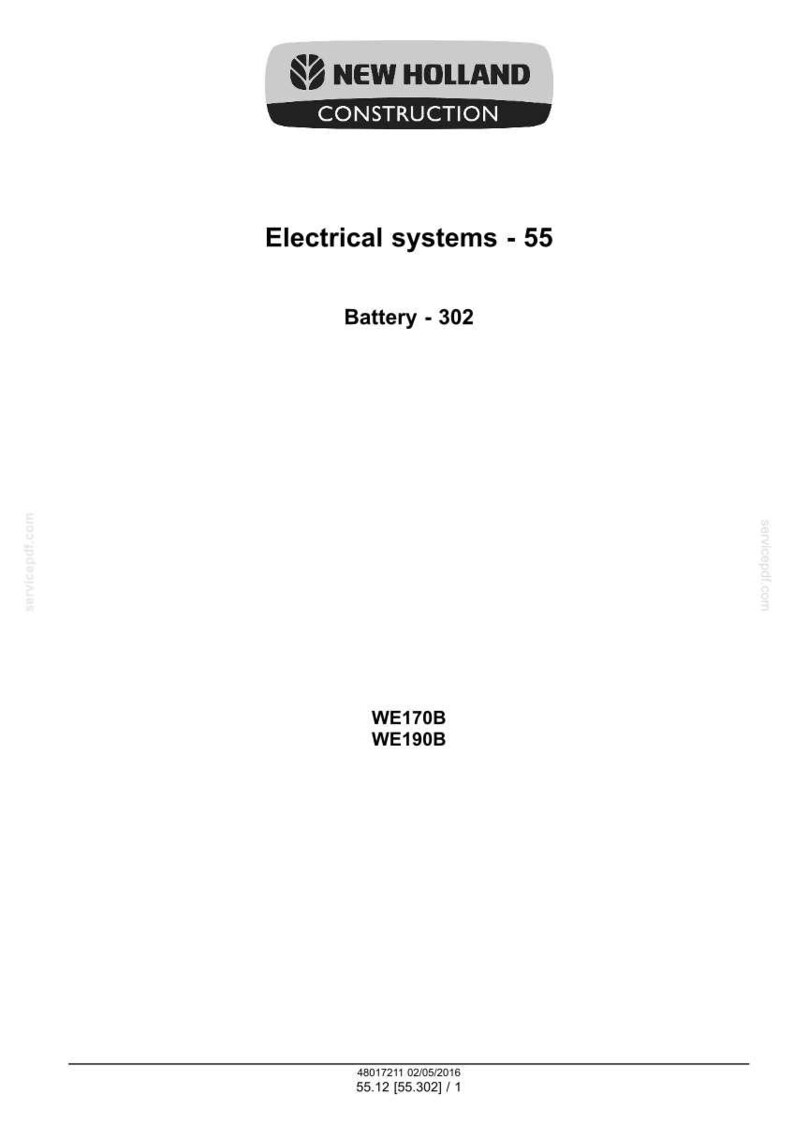 Op de afbeelding: Een witte pagina met het "NEW HOLLAND CONSTRUCTION" logo bovenaan. De tekst luidt "Electrical systems - 55" en "Battery - 302". De modelnummers "WE170B" en "WE190B" zijn ook zichtbaar.