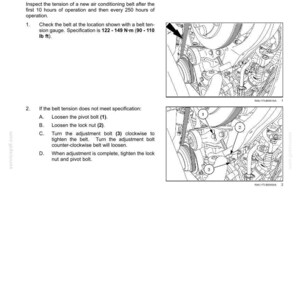 May include: Diagram of an air conditioning belt with labels for maintenance instructions. The text includes specifications in lb ft. The image shows the belt, pivot bolt, lock nut, and adjustment bolt.