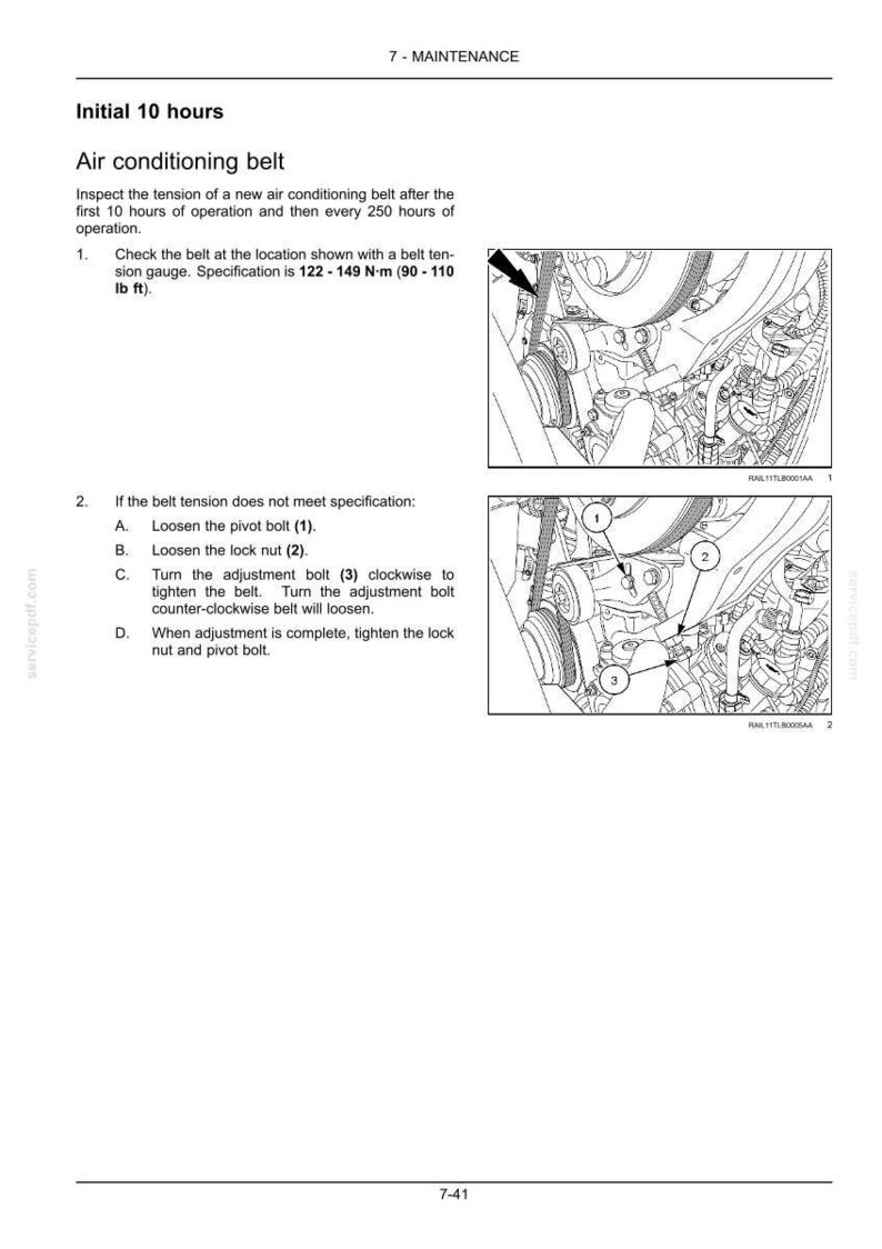 May include: Diagram of an air conditioning belt with labels for maintenance instructions. The text includes specifications in lb ft. The image shows the belt, pivot bolt, lock nut, and adjustment bolt.