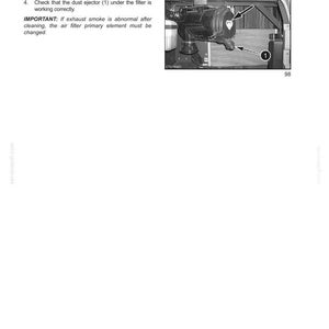 K&ouml;nnte beinhalten: Ein Bild aus einem Handbuch, das einen Abschnitt &uuml;ber Schmierung, Filter und Fl&uuml;ssigkeiten zeigt. Es enth&auml;lt eine Abbildung einer Luftfilterbaugruppe mit einem Pfeil, der auf den Staubauswerfer zeigt. Der Text enth&auml;lt Anweisungen zur Montage der Abdeckung und zur &Uuml;berpr&uuml;fung des Staubauswerfers.