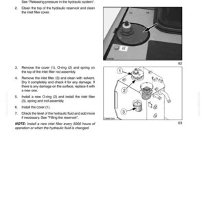 May include: Diagram from a manual detailing the cleaning and replacement of an inlet filter. The image includes numbered components, such as the cover, O-ring, and filter, with arrows pointing to each part. Text explains the steps for maintenance.