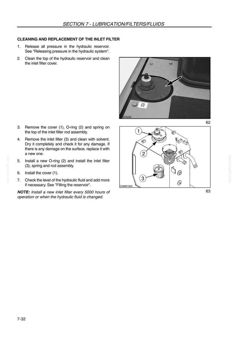 May include: Diagram from a manual detailing the cleaning and replacement of an inlet filter. The image includes numbered components, such as the cover, O-ring, and filter, with arrows pointing to each part. Text explains the steps for maintenance.