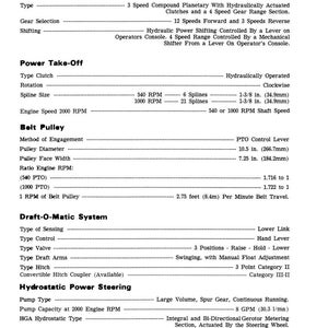 May include: A detailed technical diagram with text, outlining specifications for a power shift transmission, power take-off, belt pulley, draft-o-matic system, and hydrostatic power steering. Includes measurements in inches and feet.