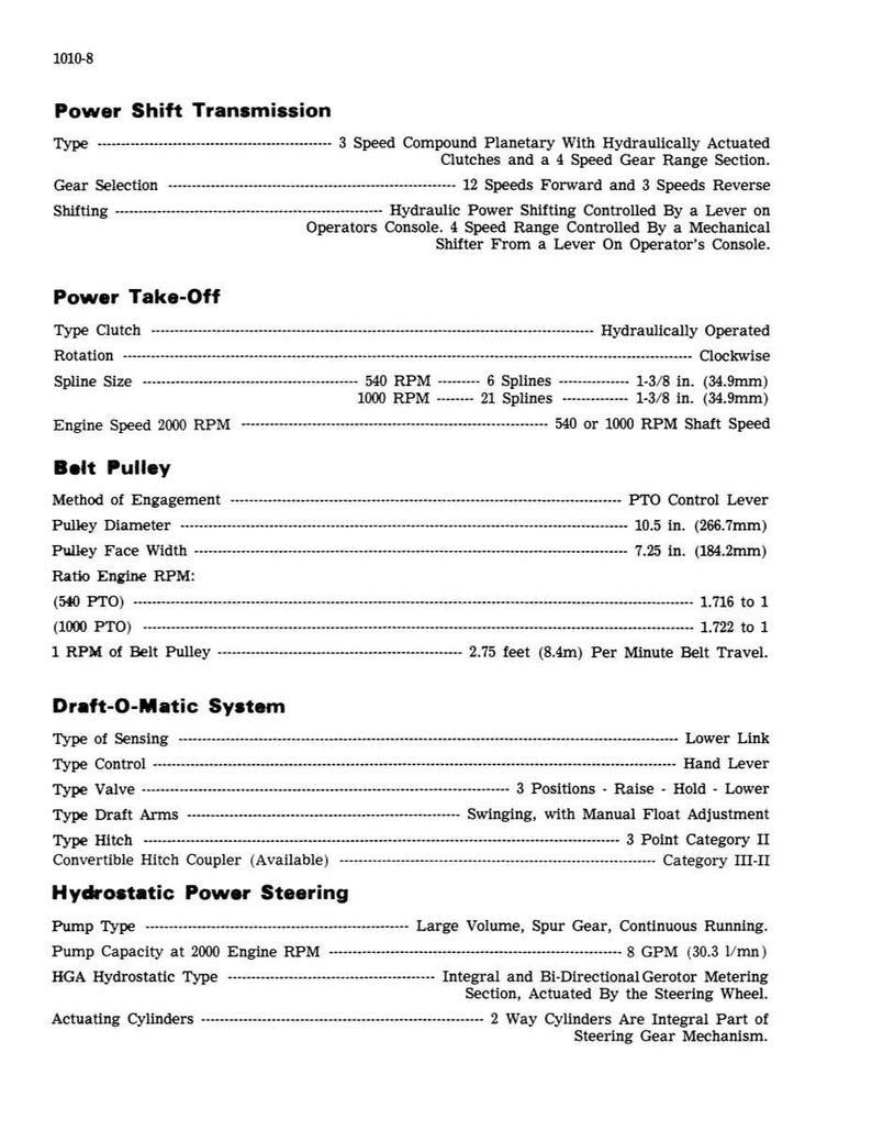 May include: A detailed technical diagram with text, outlining specifications for a power shift transmission, power take-off, belt pulley, draft-o-matic system, and hydrostatic power steering. Includes measurements in inches and feet.