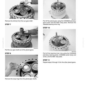 May include: Black and white technical diagram with step-by-step instructions for disassembling a mechanical component. The diagram includes close-up images of gears, shafts, and tools, with accompanying text. The steps involve removing shims, pulling gears, and removing snap rings.