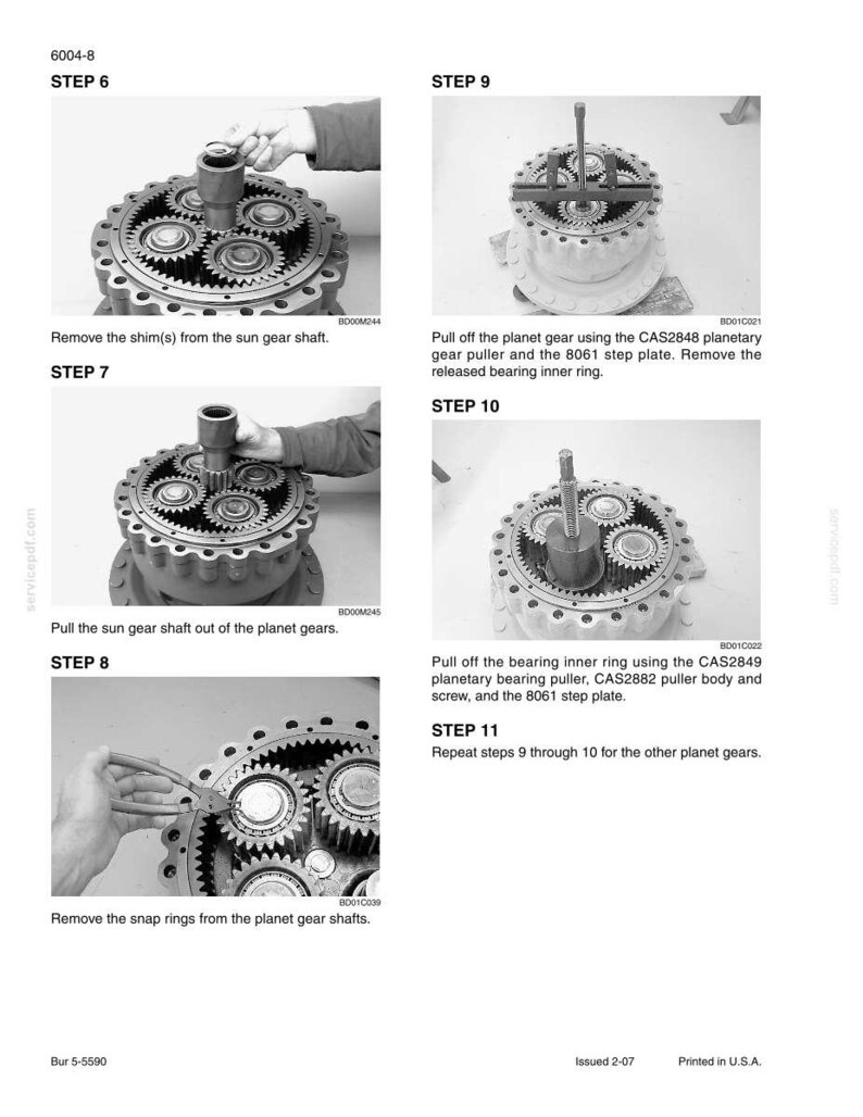 May include: Black and white technical diagram with step-by-step instructions for disassembling a mechanical component. The diagram includes close-up images of gears, shafts, and tools, with accompanying text. The steps involve removing shims, pulling gears, and removing snap rings.