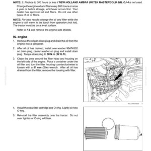 May include: A technical maintenance document page titled 7-MAINTENANCE detailing engine oil and filter replacement procedures for a 9L engine. It includes text instructions, a diagram of an engine compartment, and a line drawing of a filter cartridge.
