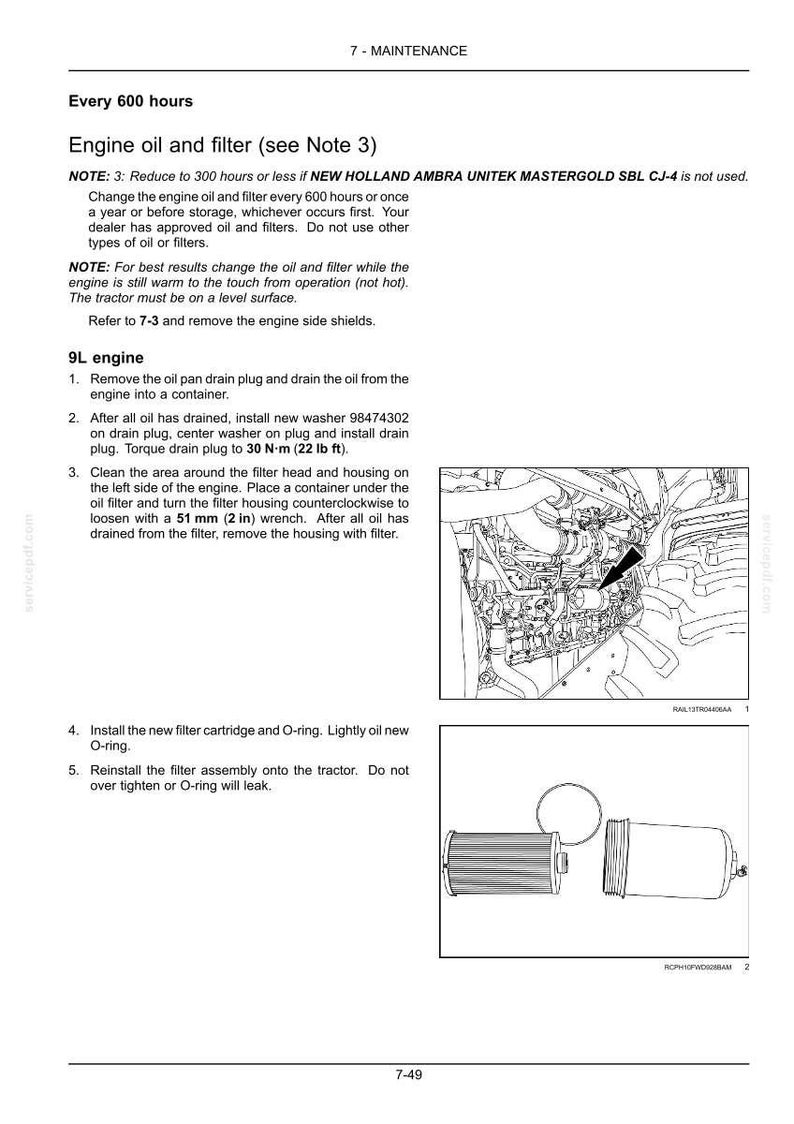 May include: A technical maintenance document page titled 7-MAINTENANCE detailing engine oil and filter replacement procedures for a 9L engine. It includes text instructions, a diagram of an engine compartment, and a line drawing of a filter cartridge.