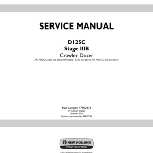 Op de afbeelding: Een witte servicehandleidingomslag met zwarte tekst. De titel "SERVICE MANUAL" staat bovenaan. Daaronder staat "D125C Stage IIIB Crawler Dozer". Het logo van New Holland Construction staat onderaan.