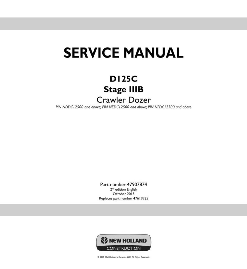 Op de afbeelding: Een witte servicehandleidingomslag met zwarte tekst. De titel "SERVICE MANUAL" staat bovenaan. Daaronder staat "D125C Stage IIIB Crawler Dozer". Het logo van New Holland Construction staat onderaan.