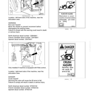 May include: Safety information page with diagrams and warnings. Includes a "Runover Hazard" warning with instructions to block wheels. Also shows a "Crush Hazard" warning about servicing valves.