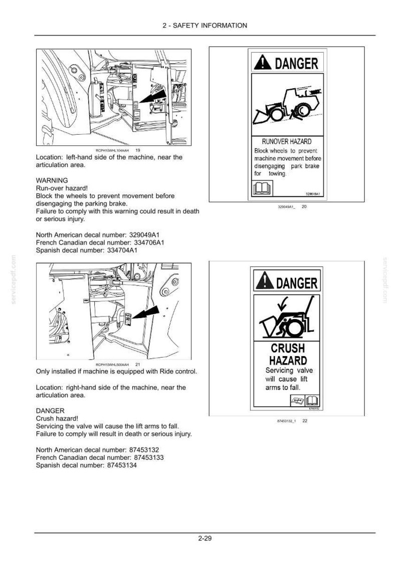 May include: Safety information page with diagrams and warnings. Includes a "Runover Hazard" warning with instructions to block wheels. Also shows a "Crush Hazard" warning about servicing valves.