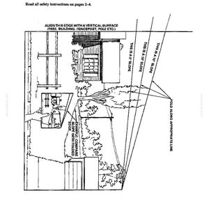 Op de afbeelding: Een zwart-wit hellingsdiagram met een landschapsillustratie van een huis, een hek en bomen. De tekst bevat 'Slope Chart', 'Read all safety instructions on pages 2-4', 'ALIGN THIS EDGE WITH A VERTICAL SURFACE' en 'FOLD ALONG APPROPRIATE LINE'.