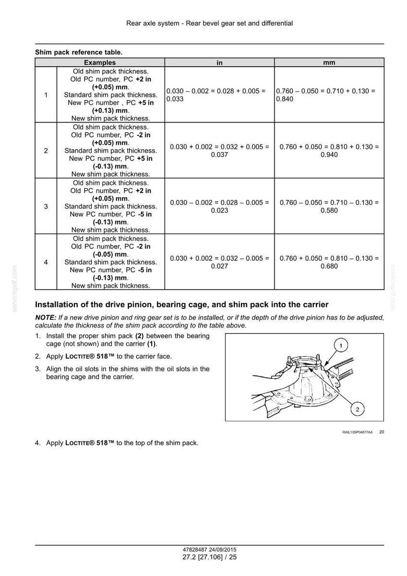 May include: Technical diagram detailing rear axle system components, including a shim pack reference table with measurements in inches and millimeters. Instructions for installation of drive pinion, bearing cage, and shim pack are also included.