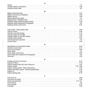 May include: A black and white index page from a technical manual, featuring alphabetical headings from A to F. The text lists various machinery maintenance topics and their corresponding page numbers, such as battery service, engine oil, and fuel filters.